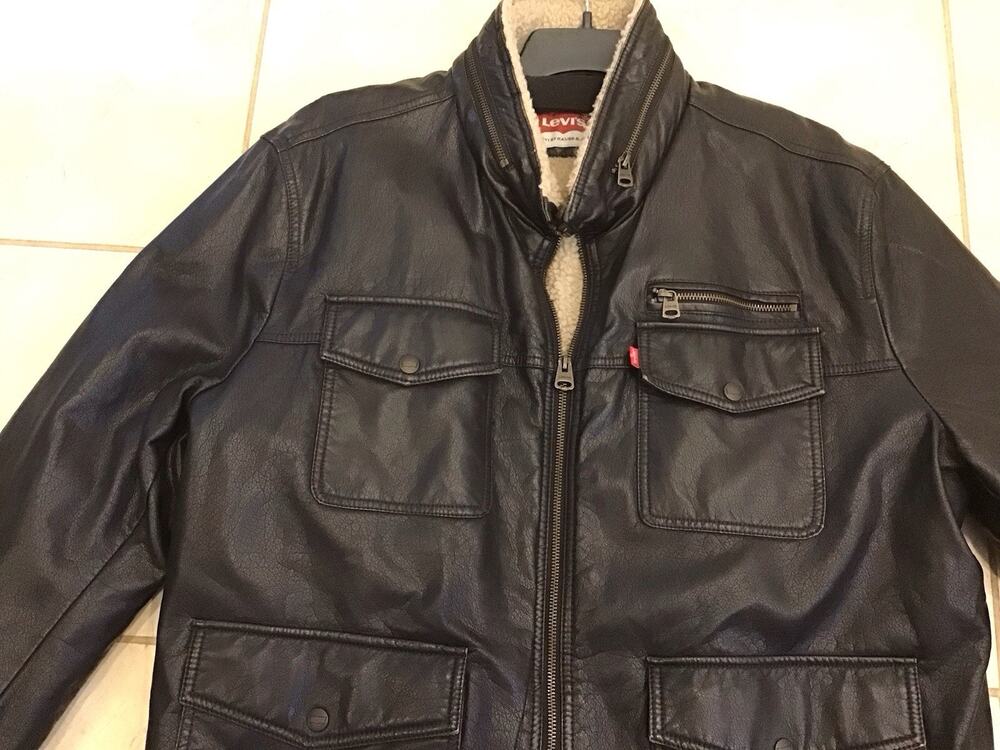 Levi's Men's Dark Brown Faux Leather Military Coat Jacket Sz XXL Sherpa Lined